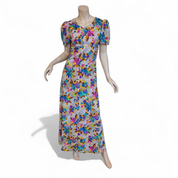 Vintage 1970s Handmade Floral & Polka Dot Maxi Dress * Medium - Picture 1 of 13